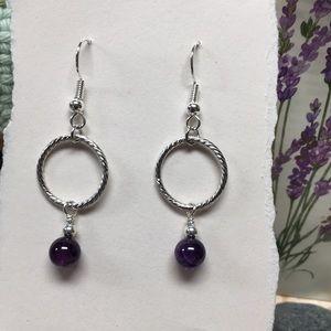 Genuine amethyst bead earrings silver rings circle